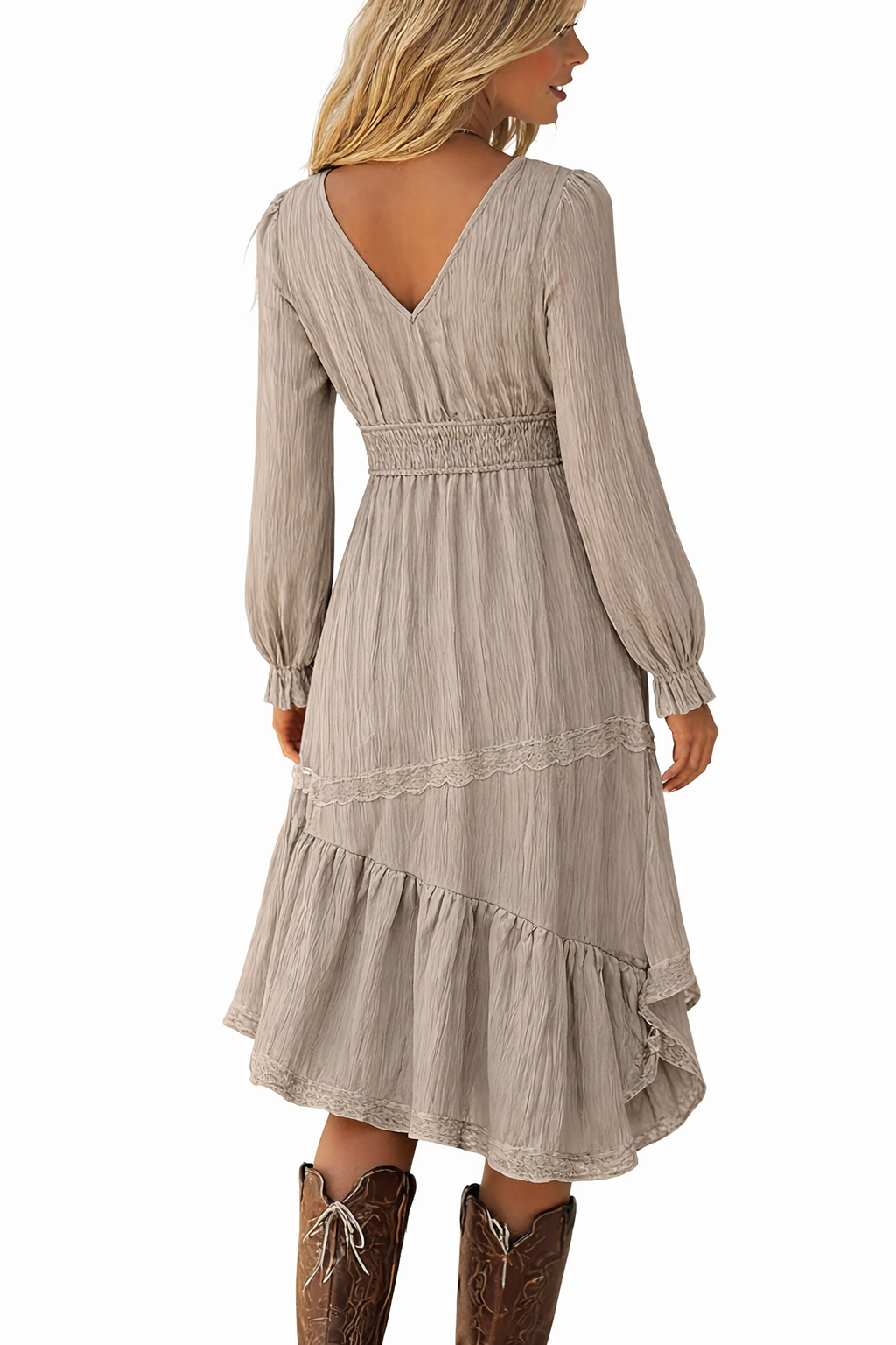 Boho Lace-Up Midi Dress – Neutral Taupe