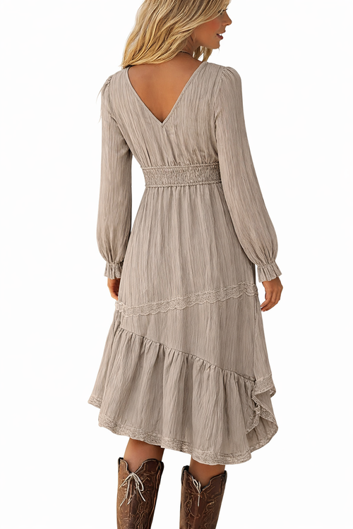 Boho Lace-Up Midi Dress – Neutral Taupe