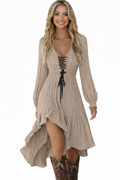 Boho Lace-Up Midi Dress – Neutral Taupe